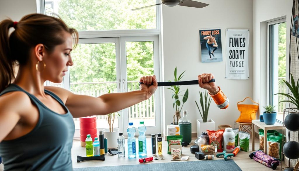 A brightly lit home gym setting with a variety of fitness equipment and accessories arranged in a visually appealing way. In the foreground, a person is using a resistance band to perform a weight loss exercise, their expression focused and determined. In the middle ground, various health-conscious items like water bottles, fitness trackers, and healthy snacks are placed strategically. The background features motivational fitness posters, a large window overlooking a lush, green outdoor space, and natural lighting filtering in. The overall atmosphere conveys a sense of progress, resilience, and a holistic approach to sustainable weight loss. A brightly lit home gym setting with a variety of fitness equipment and accessories arranged in a visually appealing way. In the foreground, a person is using a resistance band to perform a weight loss exercise, their expression focused and determined. In the middle ground, various health-conscious items like water bottles, fitness trackers, and healthy snacks are placed strategically. The background features motivational fitness posters, a large window overlooking a lush, green outdoor space, and natural lighting filtering in. The overall atmosphere conveys a sense of progress, resilience, and a holistic approach to sustainable weight loss.