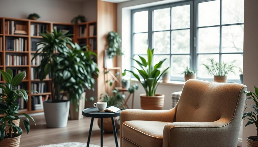 A cozy, well-lit indoor space with natural elements. In the foreground, a comfortable, plush armchair in a neutral tone invites relaxation. A small side table holds a warm cup of tea and a book. In the middle ground, lush potted plants and a large window with soft, diffused lighting create a serene, nurturing atmosphere. The background features bookshelves filled with volumes, adding a sense of knowledge and support. Soft, indirect lighting washes over the scene, evoking a calming, enveloping ambiance that fosters focus and well-being. A cozy, well-lit indoor space with natural elements. In the foreground, a comfortable, plush armchair in a neutral tone invites relaxation. A small side table holds a warm cup of tea and a book. In the middle ground, lush potted plants and a large window with soft, diffused lighting create a serene, nurturing atmosphere. The background features bookshelves filled with volumes, adding a sense of knowledge and support. Soft, indirect lighting washes over the scene, evoking a calming, enveloping ambiance that fosters focus and well-being.