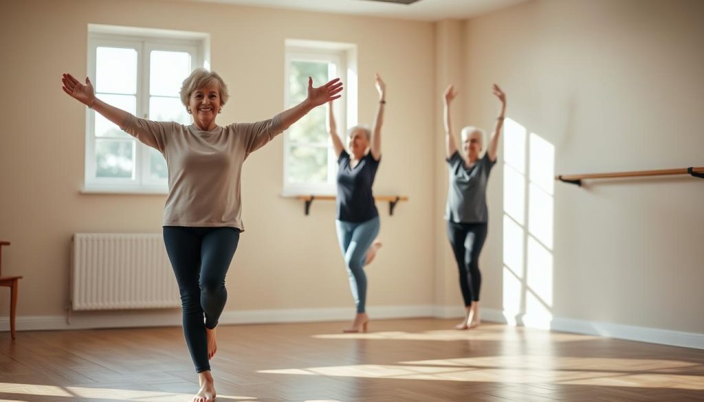A cozy, well-lit studio setting, with a group of senior adults gracefully performing balance exercises. In the foreground, a senior woman stands on one leg, her arms outstretched, maintaining perfect poise. In the middle ground, two seniors gently stretch their arms overhead, eyes focused and bodies in alignment. In the background, a wall-mounted barre provides support, and a tranquil window allows natural light to pour in, creating a serene atmosphere. The scene radiates a sense of balance, stability, and the importance of physical activity for older adults. A cozy, well-lit studio setting, with a group of senior adults gracefully performing balance exercises. In the foreground, a senior woman stands on one leg, her arms outstretched, maintaining perfect poise. In the middle ground, two seniors gently stretch their arms overhead, eyes focused and bodies in alignment. In the background, a wall-mounted barre provides support, and a tranquil window allows natural light to pour in, creating a serene atmosphere. The scene radiates a sense of balance, stability, and the importance of physical activity for older adults.