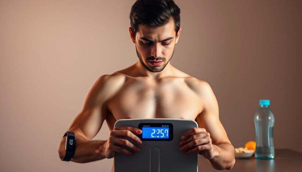 A determined individual stands in the center, gazing intently at a digital scale. The foreground is illuminated by warm, focused lighting, casting subtle shadows that accentuate the person's resolve. In the middle ground, a fitness tracker, water bottle, and healthy snacks symbolize the tools and discipline required for weight loss. The background fades into a calming, neutral tone, allowing the central focus to remain on the person's unwavering commitment to their journey.