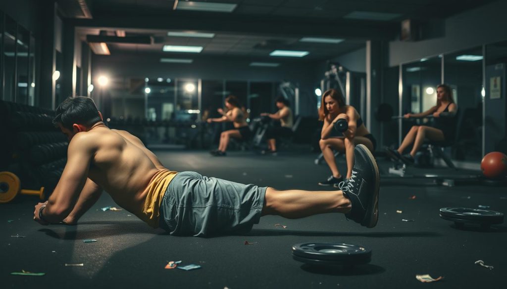 A dimly lit gym interior, the floor littered with discarded weights and exercise equipment. In the foreground, a person performing a crunches exercise with poor form - their back arched, legs flailing, and head straining forward. In the middle ground, another person performing a squat with their knees caving inwards, putting undue stress on their joints. In the background, a group of people using machines incorrectly, demonstrating a lack of proper technique. The overall atmosphere is one of confusion and improper exercise execution, conveying the common mistakes to avoid when trying to lose belly fat. A dimly lit gym interior, the floor littered with discarded weights and exercise equipment. In the foreground, a person performing a crunches exercise with poor form - their back arched, legs flailing, and head straining forward. In the middle ground, another person performing a squat with their knees caving inwards, putting undue stress on their joints. In the background, a group of people using machines incorrectly, demonstrating a lack of proper technique. The overall atmosphere is one of confusion and improper exercise execution, conveying the common mistakes to avoid when trying to lose belly fat.