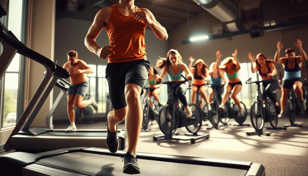 A dynamic, high-intensity cardio workout scene. In the foreground, a person runs on a treadmill, their powerful strides propelling them forward with determination. The middle ground features individuals cycling on stationary bikes, their bodies leaning into the movement, sweat glistening on their faces. In the background, a group of people perform jumping jacks, their limbs moving in unison, creating a sense of energy and vitality. The lighting is bright and invigorating, casting a warm glow over the entire scene. The angle is slightly elevated, allowing the viewer to observe the various cardio exercises from an engaging perspective. The overall mood is one of motivation, focus, and the thrill of a challenging workout that melts away belly fat. A dynamic, high-intensity cardio workout scene. In the foreground, a person runs on a treadmill, their powerful strides propelling them forward with determination. The middle ground features individuals cycling on stationary bikes, their bodies leaning into the movement, sweat glistening on their faces. In the background, a group of people perform jumping jacks, their limbs moving in unison, creating a sense of energy and vitality. The lighting is bright and invigorating, casting a warm glow over the entire scene. The angle is slightly elevated, allowing the viewer to observe the various cardio exercises from an engaging perspective. The overall mood is one of motivation, focus, and the thrill of a challenging workout that melts away belly fat.