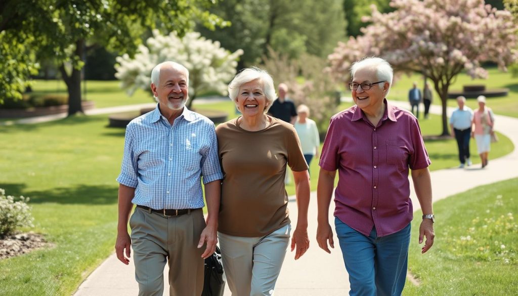 A group of senior adults walking together in a park on a sunny day. In the foreground, three seniors are strolling side-by-side, their faces warm and smiling as they engage in friendly conversation. The middle ground features a paved path winding through a lush, verdant landscape with flowering trees and shrubs. In the background, a few other seniors are visible, some walking solo, others in pairs, all enjoying the tranquil outdoor setting. The lighting is soft and natural, casting a gentle glow on the scene. The camera angle is slightly elevated, providing a welcoming and inclusive perspective on the seniors' leisurely activity.