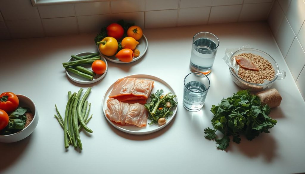A minimalist kitchen countertop with a variety of healthy meal components strategically arranged - fresh vegetables, lean proteins, whole grains, and a glass of water. The lighting is soft and natural, casting warm shadows that create depth and dimension. The camera angle is slightly elevated, giving a bird's-eye view that emphasizes the intentional organization and timing of the different food items. The overall mood is one of efficiency, discipline, and a focus on optimizing nutrition for weight loss goals.