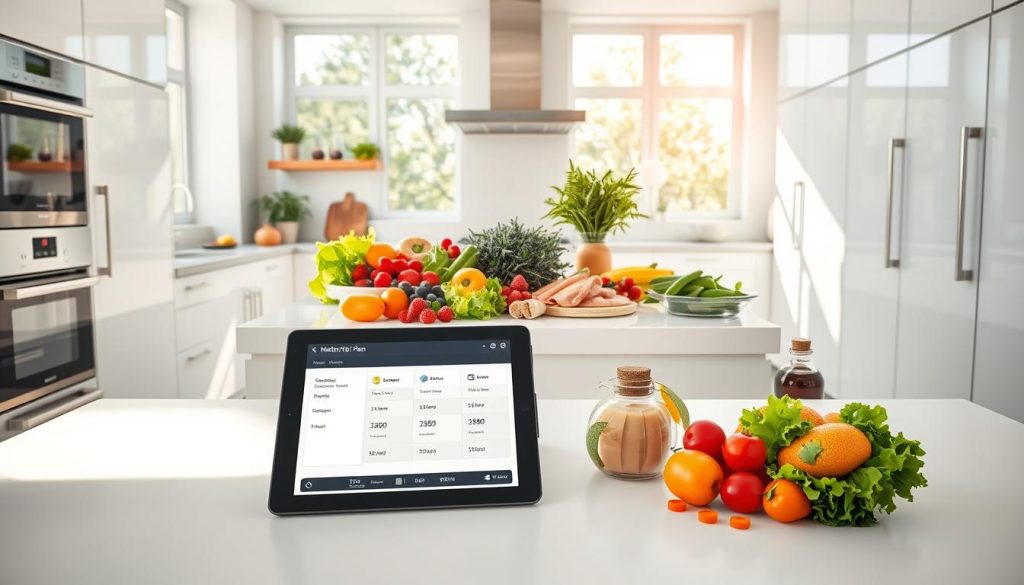 A pristine, modern kitchen with sleek white appliances and minimalist decor. On the central island, an array of healthy, colorful ingredients are meticulously arranged - fresh leafy greens, vibrant berries, lean protein sources, and various spices. Sunlight filters in through large windows, creating a warm, inviting atmosphere. In the foreground, a tablet displays an interactive diet plan, with macronutrient breakdowns and personalized meal suggestions. The scene exudes a sense of order, discipline, and a dedication to holistic, nutrition-focused weight loss. A pristine, modern kitchen with sleek white appliances and minimalist decor. On the central island, an array of healthy, colorful ingredients are meticulously arranged - fresh leafy greens, vibrant berries, lean protein sources, and various spices. Sunlight filters in through large windows, creating a warm, inviting atmosphere. In the foreground, a tablet displays an interactive diet plan, with macronutrient breakdowns and personalized meal suggestions. The scene exudes a sense of order, discipline, and a dedication to holistic, nutrition-focused weight loss.