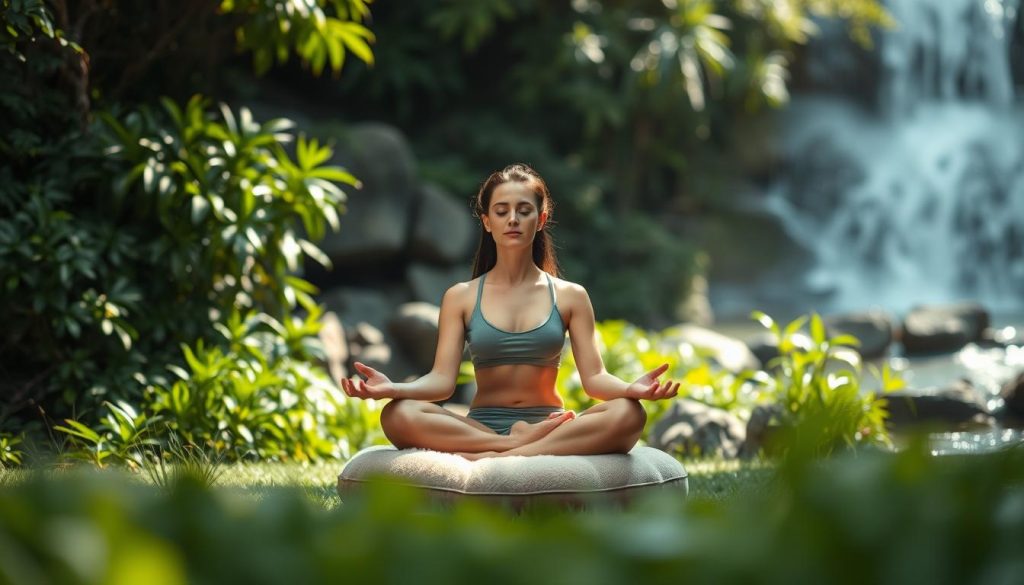 A serene meditation session in a tranquil natural setting. In the foreground, a person sits cross-legged on a plush meditation cushion, their eyes closed and expression calm. Soft, diffuse natural lighting filters through lush, verdant foliage in the middle ground, creating a soothing, zen-like atmosphere. In the background, a gently flowing stream or waterfall glistens, its peaceful sounds adding to the meditative ambiance. The camera angle is slightly elevated, giving a sense of peaceful observation. The overall mood is one of introspection, balance, and deep relaxation. A serene meditation session in a tranquil natural setting. In the foreground, a person sits cross-legged on a plush meditation cushion, their eyes closed and expression calm. Soft, diffuse natural lighting filters through lush, verdant foliage in the middle ground, creating a soothing, zen-like atmosphere. In the background, a gently flowing stream or waterfall glistens, its peaceful sounds adding to the meditative ambiance. The camera angle is slightly elevated, giving a sense of peaceful observation. The overall mood is one of introspection, balance, and deep relaxation.