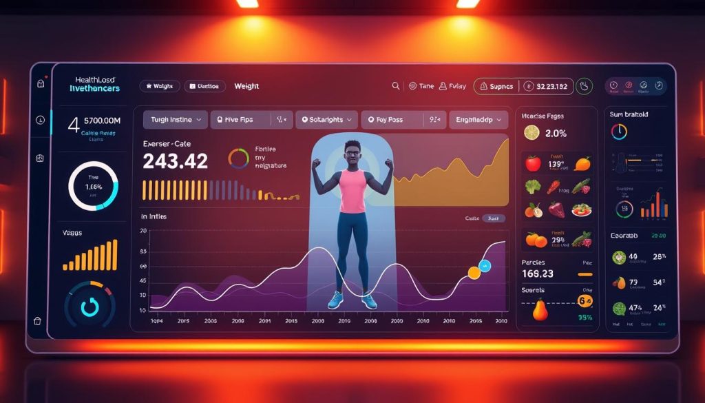 A sleek, modern healthcare dashboard displays customized weight loss insights and AI-driven recommendations for a young, active individual. In the foreground, a large graph visualizes their calorie intake, exercise, and weight trends over time. In the middle ground, an avatar-like character demonstrates targeted exercises, while an array of healthy food icons and nutritional data fill the background. Warm lighting casts a vibrant glow, conveying a sense of progress and empowerment. The overall scene evokes a futuristic, technology-driven approach to personalized weight management. A sleek, modern healthcare dashboard displays customized weight loss insights and AI-driven recommendations for a young, active individual. In the foreground, a large graph visualizes their calorie intake, exercise, and weight trends over time. In the middle ground, an avatar-like character demonstrates targeted exercises, while an array of healthy food icons and nutritional data fill the background. Warm lighting casts a vibrant glow, conveying a sense of progress and empowerment. The overall scene evokes a futuristic, technology-driven approach to personalized weight management.