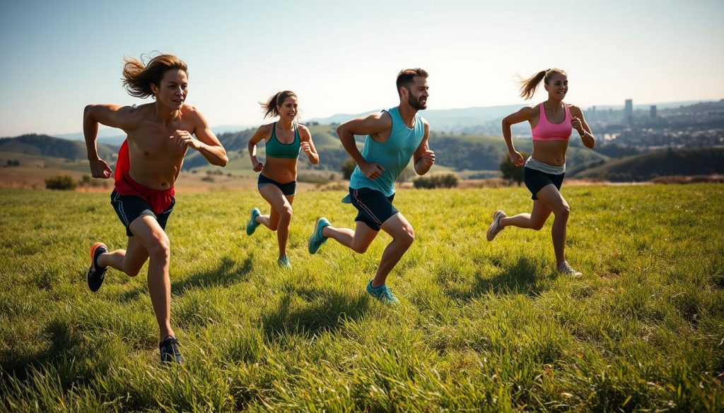 A vibrant and dynamic scene showcasing the benefits of interval training. In the foreground, a determined athlete sprints across a lush, sun-dappled field, their muscles rippling with energy. In the middle ground, a pair of runners push through a high-intensity interval, their faces flushed with exertion. The background reveals a serene, rolling landscape, with a hint of a city skyline in the distance, conveying the versatility of interval training for both indoor and outdoor settings. The lighting is crisp and natural, capturing the essence of a invigorating workout session. The overall mood is one of focused determination and the joy of physical transformation. A vibrant and dynamic scene showcasing the benefits of interval training. In the foreground, a determined athlete sprints across a lush, sun-dappled field, their muscles rippling with energy. In the middle ground, a pair of runners push through a high-intensity interval, their faces flushed with exertion. The background reveals a serene, rolling landscape, with a hint of a city skyline in the distance, conveying the versatility of interval training for both indoor and outdoor settings. The lighting is crisp and natural, capturing the essence of a invigorating workout session. The overall mood is one of focused determination and the joy of physical transformation.