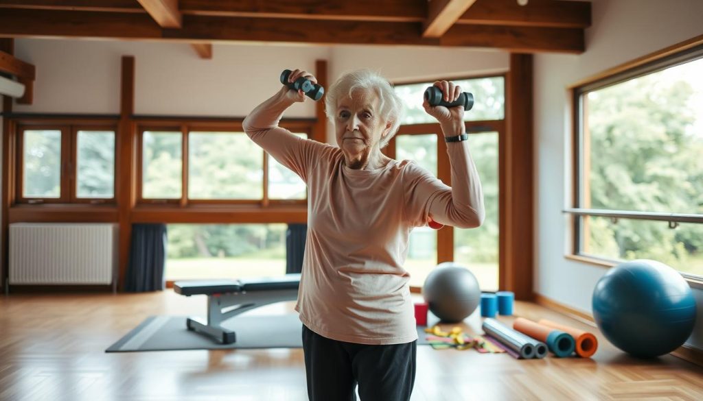 A warm, well-lit studio with a hardwood floor and wooden beams in the ceiling. In the foreground, an elderly woman stands with perfect posture, performing a gentle overhead press with a set of light dumbbells. Her expression is focused yet serene, her movements fluid and controlled. In the middle ground, a sturdy exercise bench and stability ball sit alongside a set of resistance bands and foam rollers, hinting at the variety of low-impact strength exercises available. The background features a large window overlooking a peaceful outdoor scene, filled with lush greenery and a soft, diffused natural light. The overall atmosphere conveys a sense of safety, comfort, and the empowerment that comes from taking an active approach to healthy aging.