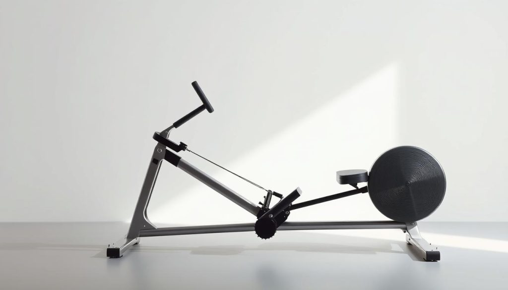 A well-lit studio shot of a modern rowing machine against a clean, minimalist background. The machine is prominently displayed, its sleek design and polished chrome accents gleaming under soft, even lighting. Subtle shadows and highlights accentuate the machine's contours, giving it a sense of depth and solidity. The background is a muted, neutral tone, allowing the rowing machine to be the central focus of the image. The overall mood is one of simplicity, functionality, and the benefits of a full-body workout on a high-quality piece of exercise equipment. A well-lit studio shot of a modern rowing machine against a clean, minimalist background. The machine is prominently displayed, its sleek design and polished chrome accents gleaming under soft, even lighting. Subtle shadows and highlights accentuate the machine's contours, giving it a sense of depth and solidity. The background is a muted, neutral tone, allowing the rowing machine to be the central focus of the image. The overall mood is one of simplicity, functionality, and the benefits of a full-body workout on a high-quality piece of exercise equipment.