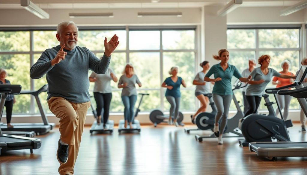 Cardiovascular exercises in a well-lit, airy studio. In the foreground, an elderly person performing high knees with proper form, their face determined yet serene. Surrounding them, a diverse group of older adults engaging in a variety of cardio workouts, such as jumping jacks, stationary cycling, and light jogging. The middle ground features exercise equipment like treadmills and elliptical machines, all in pristine condition. The background showcases large windows overlooking a lush, green outdoor landscape, bathing the scene in warm, natural light. The overall mood is one of vitality, health, and a sense of community. Cardiovascular exercises in a well-lit, airy studio. In the foreground, an elderly person performing high knees with proper form, their face determined yet serene. Surrounding them, a diverse group of older adults engaging in a variety of cardio workouts, such as jumping jacks, stationary cycling, and light jogging. The middle ground features exercise equipment like treadmills and elliptical machines, all in pristine condition. The background showcases large windows overlooking a lush, green outdoor landscape, bathing the scene in warm, natural light. The overall mood is one of vitality, health, and a sense of community.